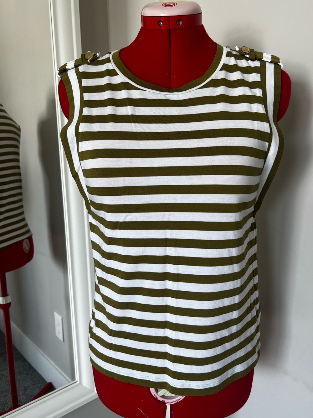 Michael Kors Olive Green & White Striped Button-Shoulder Tank